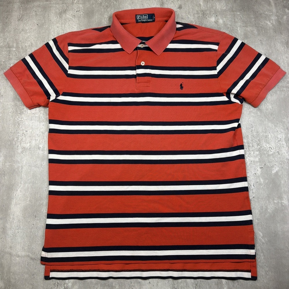 VTG Polo By Ralph Lauren Polo Shirt Mens L Red Navy Stripe Short Sleeve Pony USA